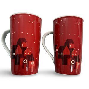 Starbucks 2013 Holiday Village Tall Coffee Mugs Two 16oz Christmas Red White